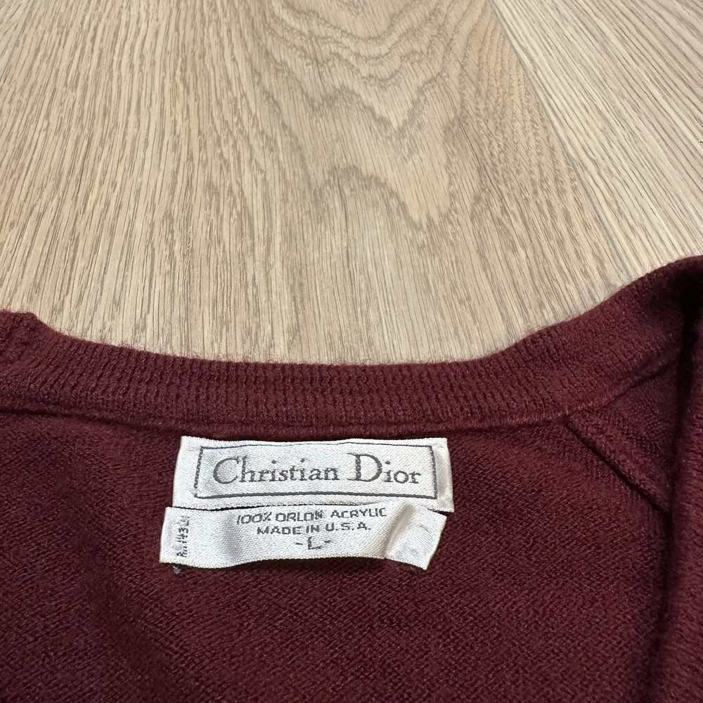 VTG Christian Dior V-Neck Sweater Women's Sz Large Burgundy Logo Preppy Acrylic - Picture 4 of 7